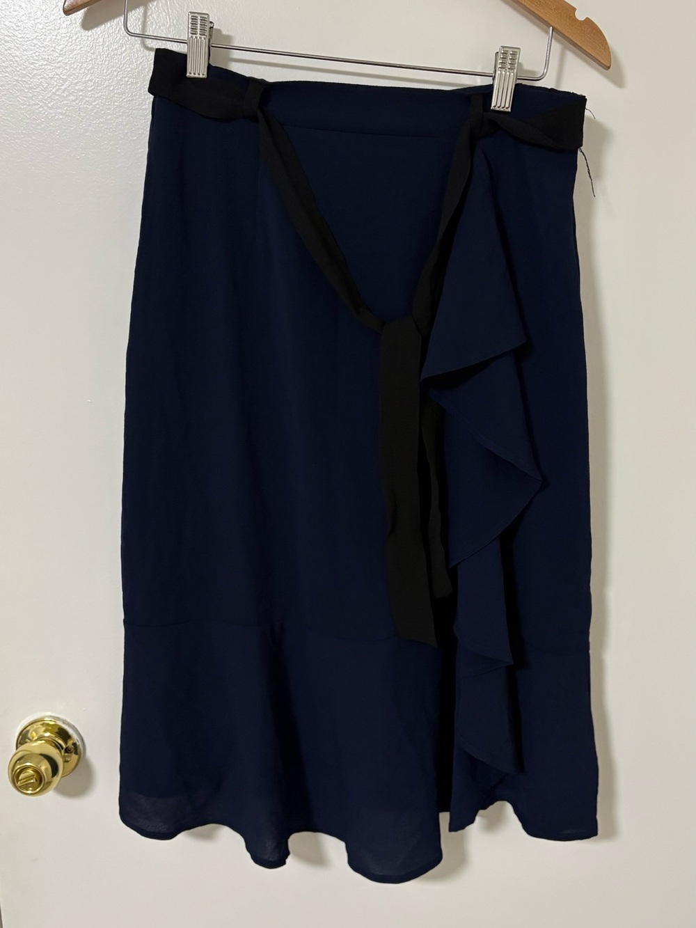 Faith and Joy Navy Midi Skirt with Black Tie & Ruffle